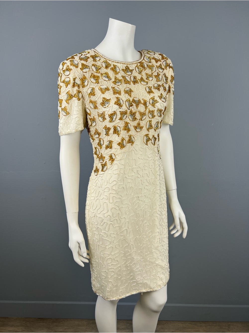 100% Silk Shell Ivory and Gold Embellished Beaded Short Sleeve Sheath Dress